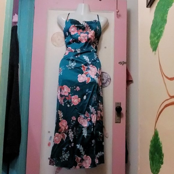 Teal Satin Maxi Dress With Large Pink Floral Pattern &  High Thigh Slit (L) - Picture 1 of 10